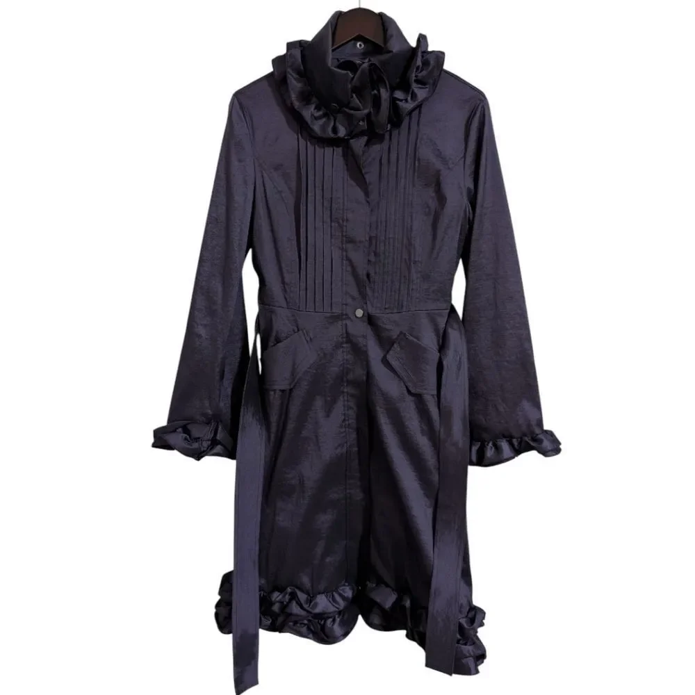 Belle Fare Purple Ruffled Trench Coat Belted with Leopard Lining Women's Medium